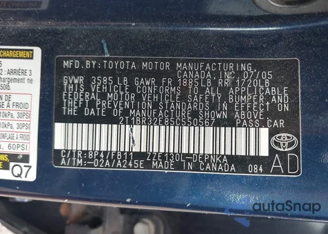 2005 Toyota Corolla Le z USA, uszkodzony, nr VIN 2T1BR32E85C550567